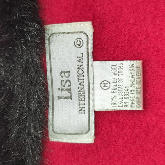 Vintage Lisa International Boiled Wool Jacket Faux Fur Medium Red Zip Up Women's - Picture 9 of 11